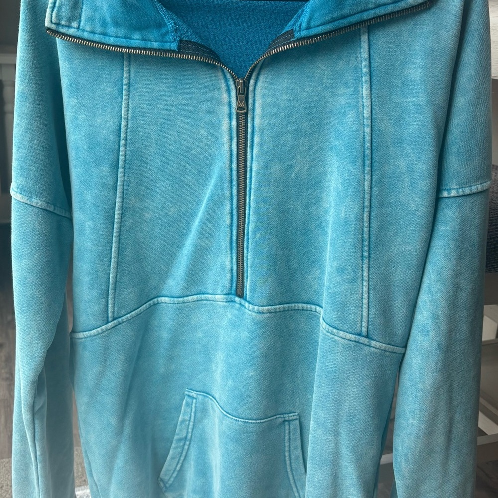 Mineral wash Blue Zip Up Sweater with High Collar and Soft Plush Fabric